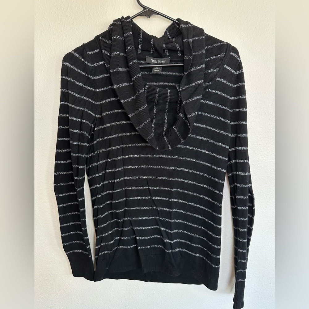 White House Black Market Black and Gray Striped Cowl Neck Sweater